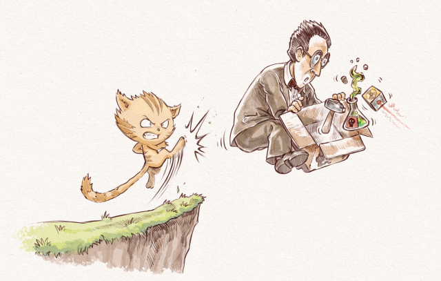 A digital drawing colored with digital watercolor. Carrot, my red tabby cat comic character is kicking the ass on the edge of a cliff to a cartoon representation of Erwin Schrödinger. This one holds a box with a laser, a hammer and a bottle of poison. The ingredient of his famous his "Schrödinger's cat" thought experiment. 