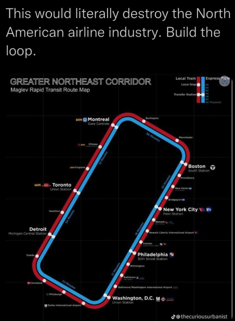 "this would literally destroy the north American airline industry. Build the loop"

A subway like map showing a two line loop for the "Greater Northeast Corridor"

There are express and local lines that connect the major cities:
Montreal, Boston, New York City, Philadelphia, Washington D. C., Detroit, Toronto.

At the major cities you can change to the local for Kingston, Ottawa, Burlington, Manchester, Providence, New Haven, Bridgeport, Newark, Trenton, Wilmington, Baltimore, Pittsburgh, Cleveland, Toledo, Hamilton