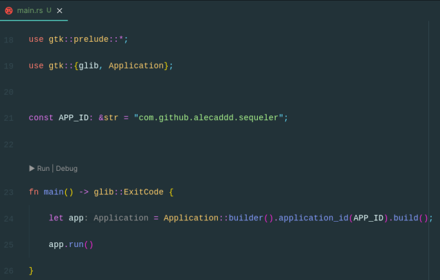 Screenshot of a code editor showing boilerplate Rust code for a GTK application