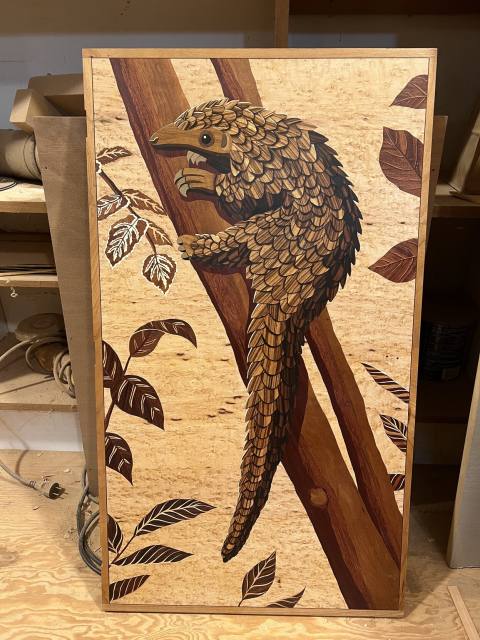 Photograph of a marquetry panel depicting a pangolin climbing a tree. The image on the panel is made of hundreds of pieces of veneer. The panel is leaning up against some shelves and has a fresh coat of oil on it. 