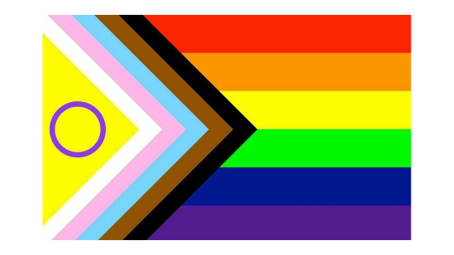 Progress Pride flag 2021: the rainbow flag (horizontal stripes of red orange yellow green blue and purple) are covered by a series of L-shaped stripes (45 degree to the horizontal stripes, black, brown, light blue, pink, white) and finally a yellow triangle with a magenta circle in it