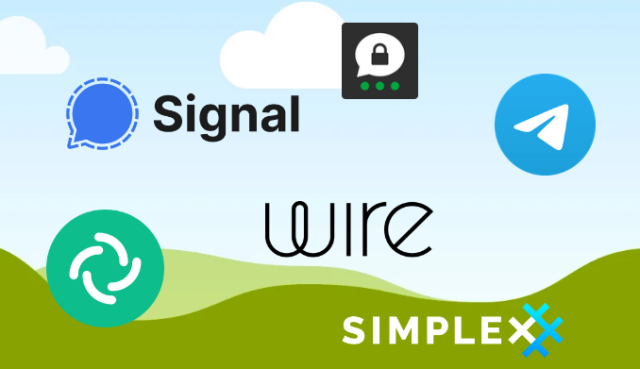 Chat app logos: Signal, Threema, Telegram, Wire, SimpleX, Element