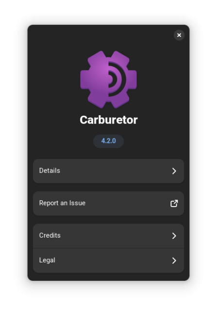 Screenshot of "Carburetor" about dialog