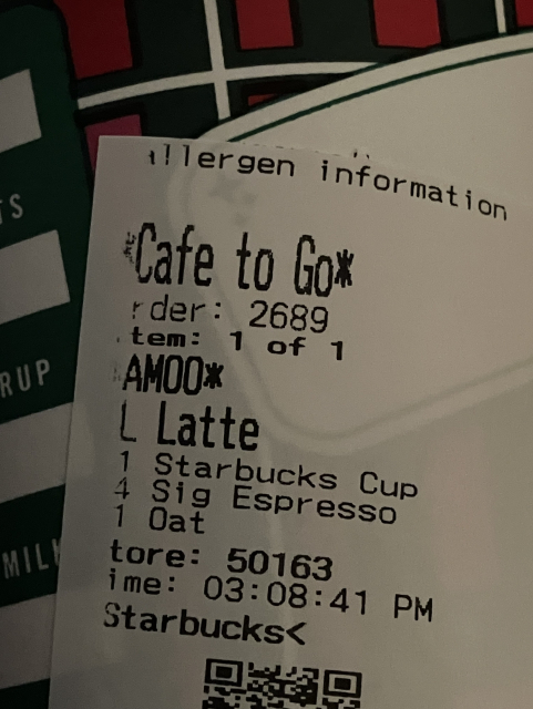 A Starbuck coffee order for Amoo