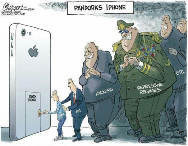 Comic of Tim Cook unlocking the iPhone for the FBI while hackers, repressive regimes etc wait in line.