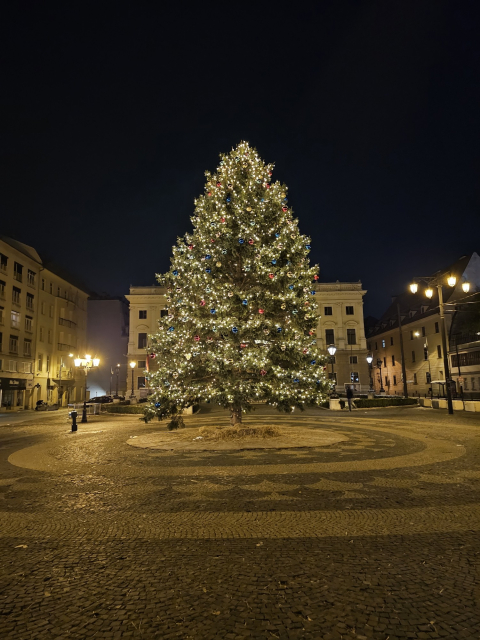 vianočný stromček na Hviezdoslavovom a v pozadí Slovenské národné divadlo
