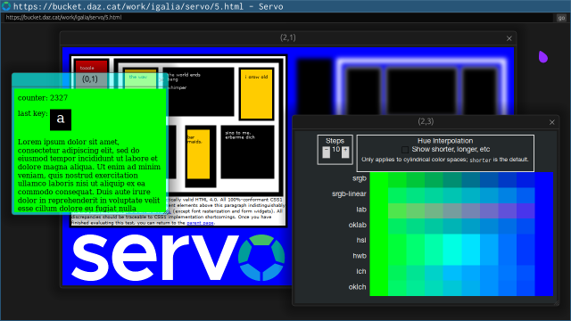 screenshot of servo with an experimental multiple-document interface, showing three overlapping egui windows of different sizes inside a native window. one of them demonstrates mixing colors with color-mix() in a variety of color spaces, including the perceptually uniform oklch.