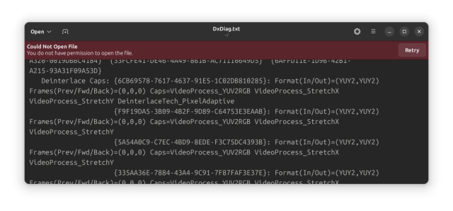 GNOME Text Editor, with an old DirectX diagnostic log open, and a permissions error red bar