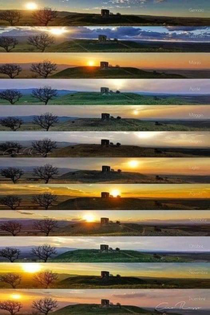 A photo series of 12 images of the sun setting above the horizon at different points along the same panorama. The series forms a snake like curve.