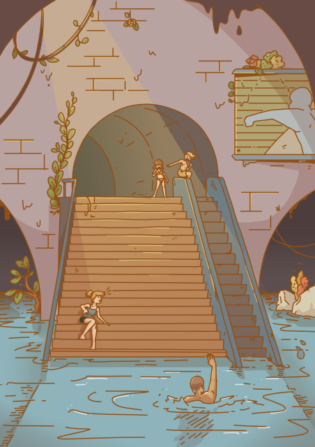 Digital Illustration: In a flooded and destroyed subway station, a group of friends is casually having a pool party. One of them is already in the water, waving at the two youngest one at the top of a escalator; he encourage them to slide on it to get into the water, and they seem pretty excited about it. The fourth character was just sitting on the stairs, but she's now very worried that something bad would happen if the kids starts to slide.
Nature has completely overtaken this place. Many plants have grown on the wall and on the old advertisement. You can even see two fishes swimming in the water.
A beam of light coming from the damaged ceiling is lighting up the whole room.