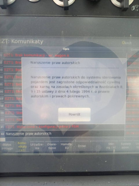 A NEWAG Impuls HMI complaining about copyright violation on cabin controls.