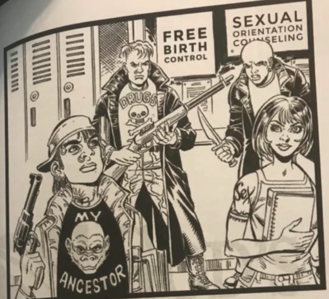 A drawing from a Christian right wing scare comic. A young man with a backwards cap and "my ancestor" tee featuring a monkey, nose ring, big gun, books for class, neck tattoo, in a high school hall Behind him another punky teen has a bigger gun and "drugs" tee with skull  and crossbones, a bald teen has a knife and is outside of the "free birth control" "sexual orientation" counseling" clinic, a girl has her notebooks for class but also a SEX tattoo.