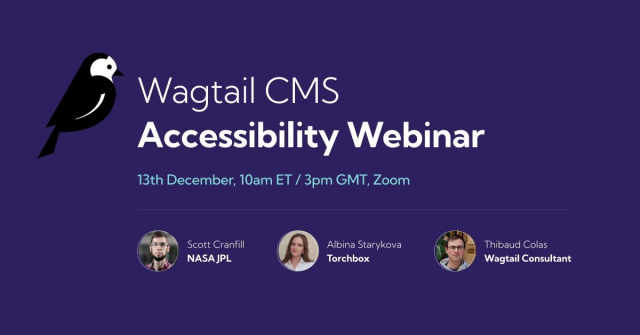 This is a graphic that says Wagtail CMS Accessibility webinar and has three smiling pictures of our hosts Scott, Thibaud, and Albina.