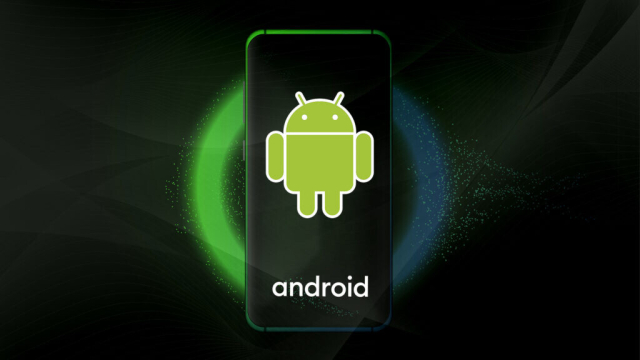 Logo for Android, the little green robot, shows on a phone screen