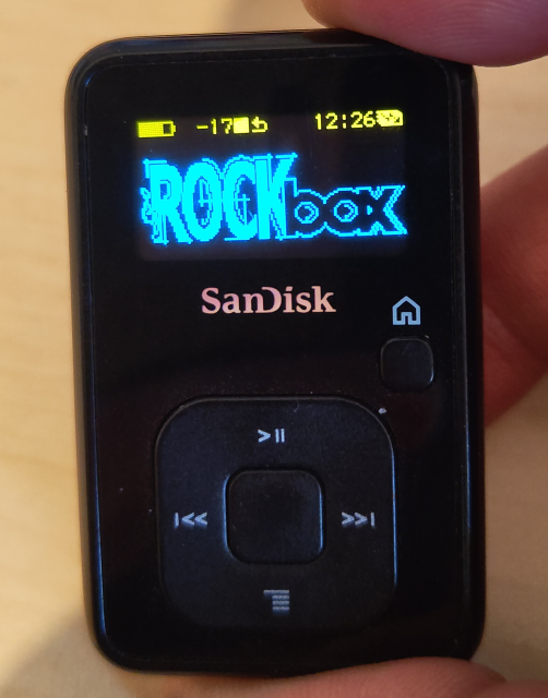 A Sansa Clip MP3 Player starting Rockbox