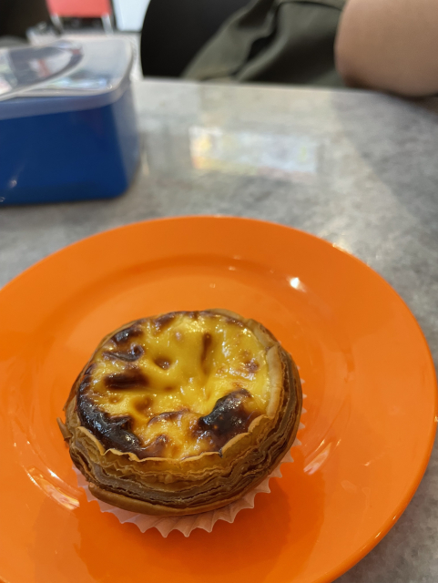 A delicious-looking Portuguese egg tart with crispy pastry shell housing creamy custard that’s baked until golden brown 