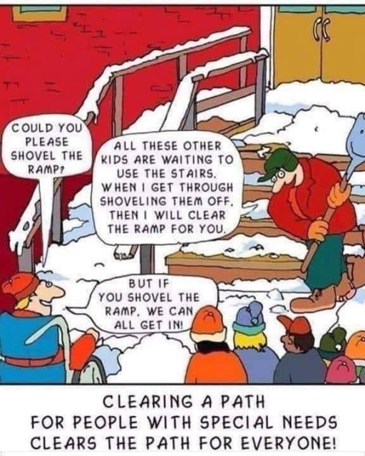 Wheelchaired person: Could you please shovel the ramp?
Snow removal worker: All these other kids are waiting to use the stairs. When I get through shoveling them off, then I will clear the ramp for you.
Wheelchaired person: But if you shovel the ramp, we can ALL get in.

Clearing a path for people with special needs clears the path for everyone!