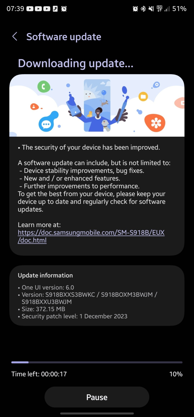screenshot from OTA update on Samsung S23 Ultra