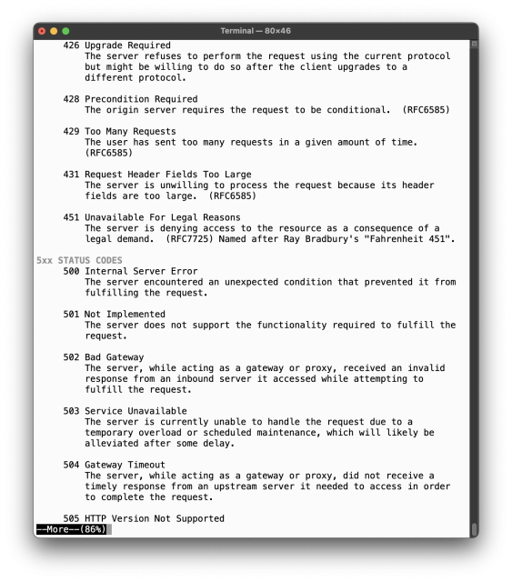 Screenshot of the manual page, showing descriptions for HTTP status codes 426 through 505.