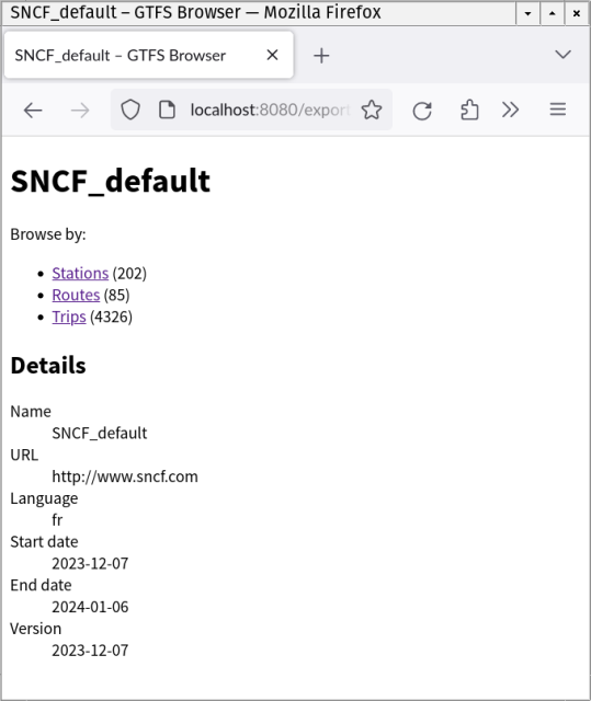 Screenshot of a browser showing some very poorly styled information about a dataset called SNCF_default. It shows a start date of 2023-12-07 and end data of 2024-01-06.