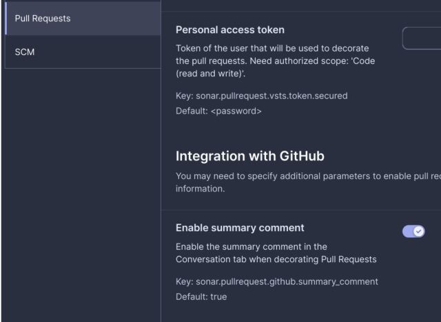 A screenshot of the SonarCloud project configuration UI focused on the "Pull Requests" category, and showing the "Enable summary comment" toggle that can be used to disable the automatic comments added after analysis.