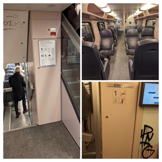 A collage showing interior of VIRM train featuring lift schaft and black 1st class seats.