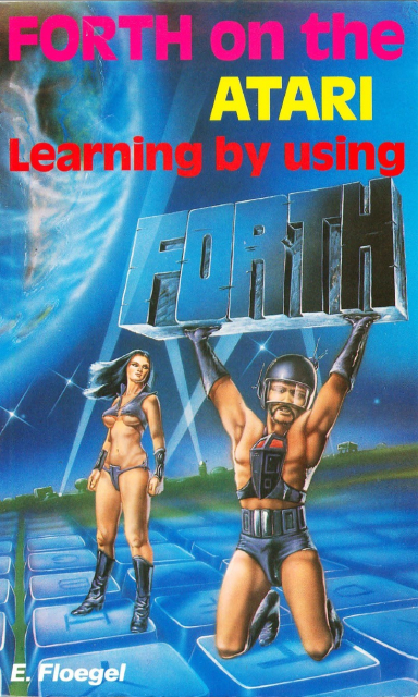 An astounding display of nailing a target audience, the cover for "Forth on the Atari" is a dramatic tour de force that blends science fiction and fantasy aesthetics, featuring a scantily clad woman and man, the woman standing boldly on a field of keycaps next to the kneeling man as if they were diminutive gremlins upon an enormous computer keyboard. The woman's vest barely containing her swollen woman-breasts, and she glances expectantly to her male partner who wears a chestplate that does as well of a job covering his chest as the woman's vest does of covering her breasts, which makes this an exquisite feminist piece. He wears a strange visored helmet with small antennae protruding from the top and side, a leather bumhugger that gracefully outlines the contours of his fungal banana man-fruit, and he stares at the viewer as he strains with all his might to hold up an ebon stone slab carved to reveal the word "FORTH". On the horizon, spotlights blast conical beams into the night amidst several other nondescript buildings, and a Class-M planet hovers in the sky above for no other reason than looking totally bad-ass behind a nearly naked woman and man.