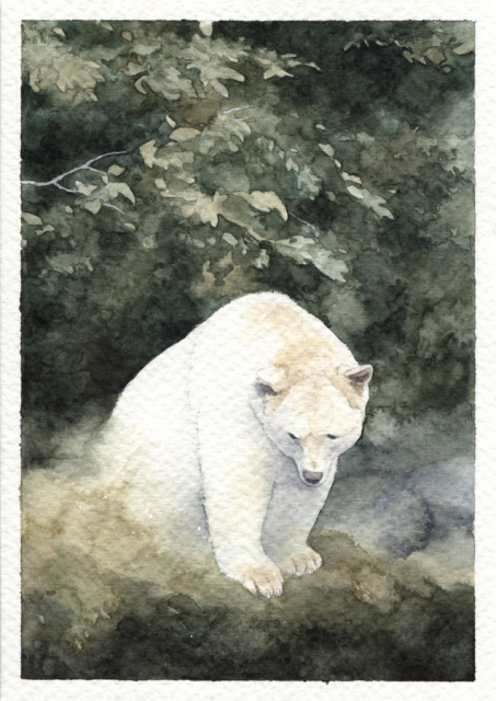 watercolor painting of a bear sitting on moss, with branches covered in green leaves in the background.