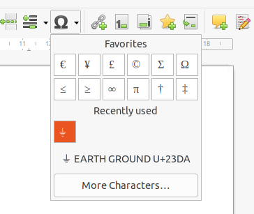 Screenshot of Special Characters dropdown panel, showing a symbol and description text for it