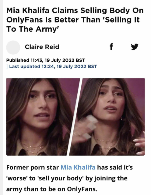 Headline "Mia Khalifa Claims Selling Body On OnlyFans Is Better Than Selling It To The Army"