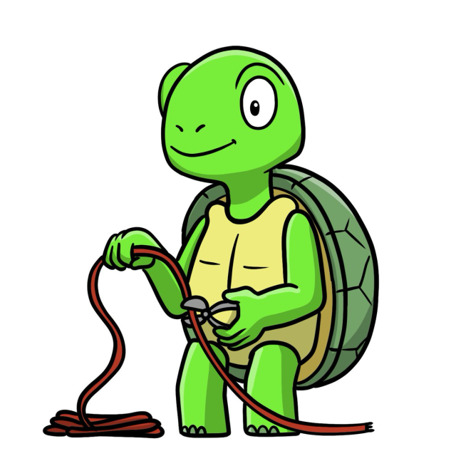 Cartoon Terrapin Mascot with a wire cutter truncating a cable.