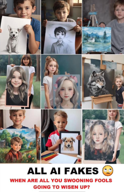 A grid of 9 pictures. Each picture shows a kid which holds an artwork. Most of the pictures look realistic, but a banner text says that they are "All AI fakes"