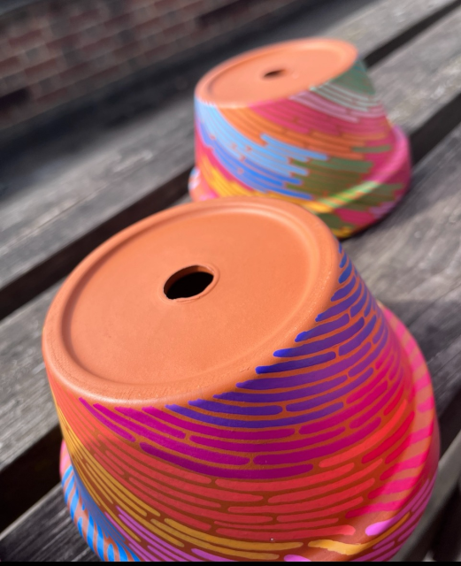 Stripy colourful terracotta pots hand painted 
