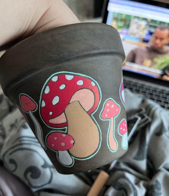 Hand painted mushrooms painted on a grey terracotta pot 