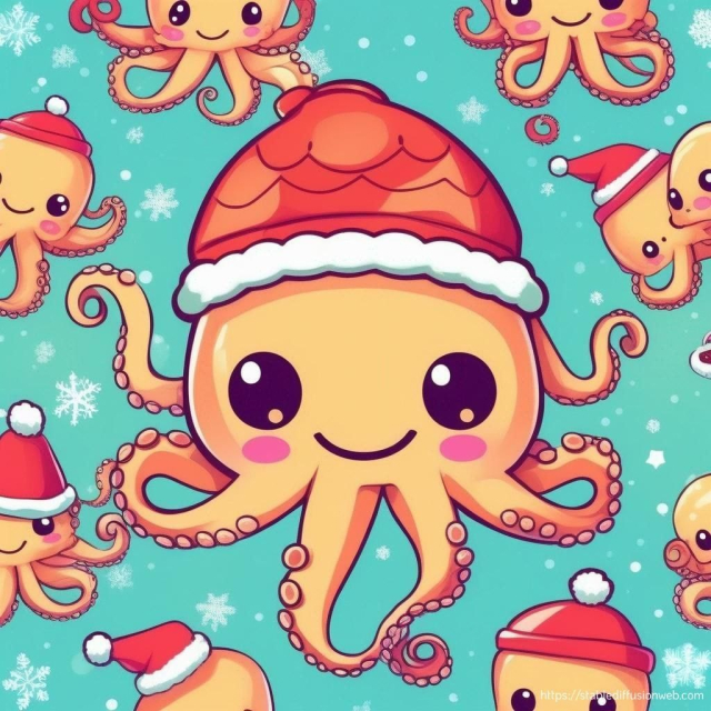 A stable diffusion generated image of an octopus with a christmas hat in the 'Kawaii' style.

It's almost (but not quite) a repeating pattern of christmas octopuses in the background.
