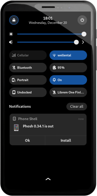 A notification in phosh's notification panel saying "Phosh 0.34.1 is out"