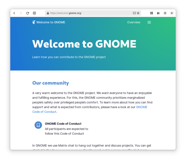 Screenshot of the new welcome.gnome.org webpage