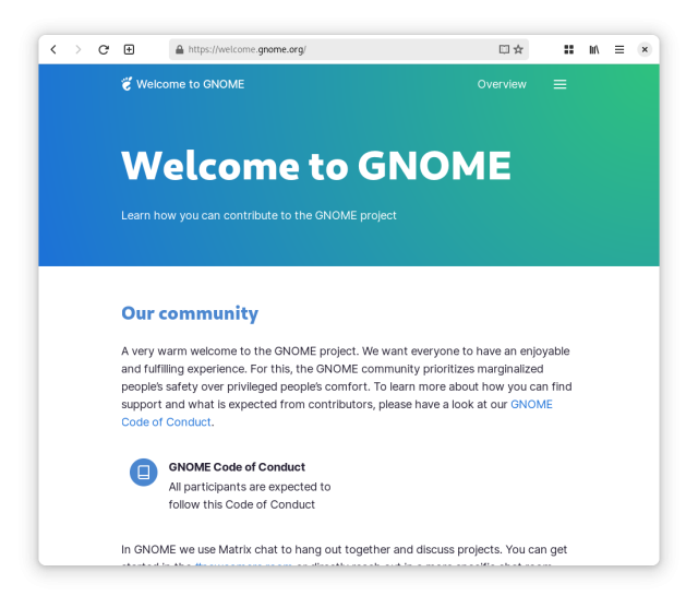 Screenshot of the new welcome.gnome.org webpage