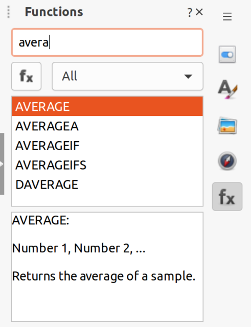 Screenshot of search field in Functions sidebar deck in LibreOffice Calc