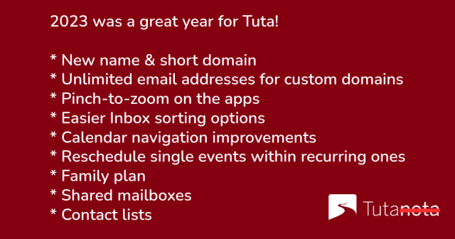 2023 was a great year for Tuta!

* New name & short domain

* Unlimited email addresses for custom domains

* Pinch-to-zoom on the apps

* Easier Inbox sorting options

* Calendar navigation improvements

* Reschedule single events within recurring ones

* Family plan

* Shared mailboxes

* Contact lists F [0t 
