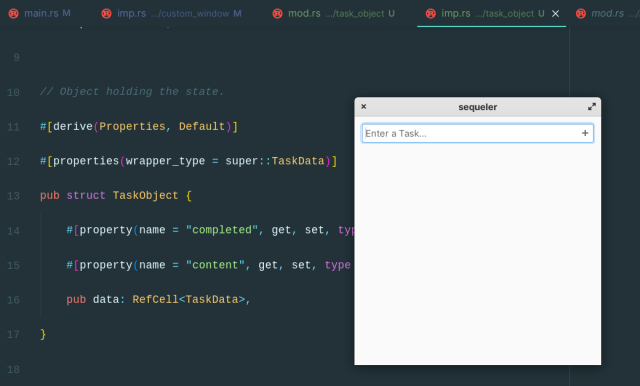 screenshot of a small snippet of source code of a ToDo application written in Rust and Gtk