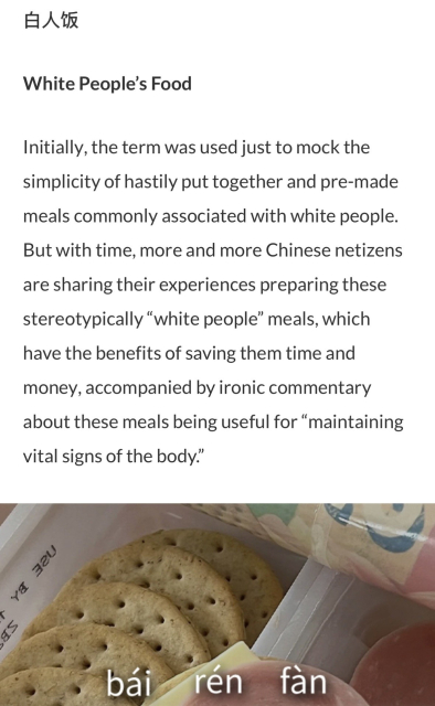 A screenshot of a urban dictionary type of entry for China that says ‘white people food’