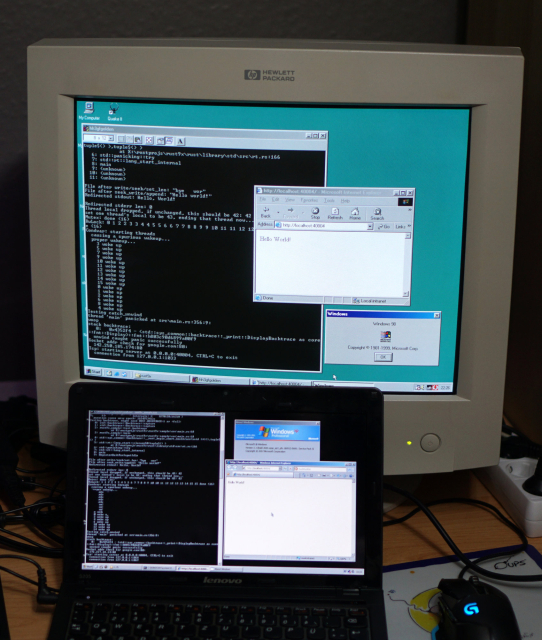 Picture of the sample program running on a Windows 98 SE PC and a Windows XP laptop