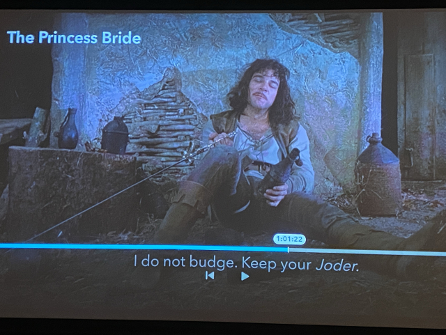 Una escena de La Princesa Prometida. Inigo Montoya está sentado en el suelo, inclinando por una pared. El subtítulo dice “I do not budge. Keep your Joder.”