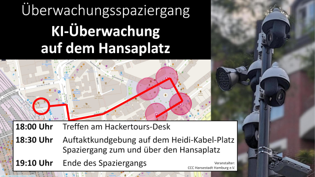 Infobeamer slide mit den Infos aus dem Troet sowie einem Kartenausschnitt mit Route und dem Foto mehrer Kameras vom Hansaplatz