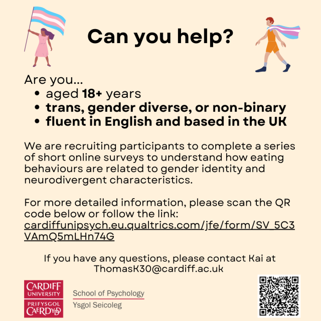 Recruitment poster with the following information: Are you aged 18+ years, trans, gender diverse, or non-binary, fluent in English, and based in the UK? We’re recruiting participants to complete a series of short surveys to understand how eating behaviours are related to gender identity and neurodivergent characteristics. You can find out more about the study and access the survey using this link: https://cardiffunipsych.eu.qualtrics.com/jfe/form/SV_5C3VAmQ5mLHn74G