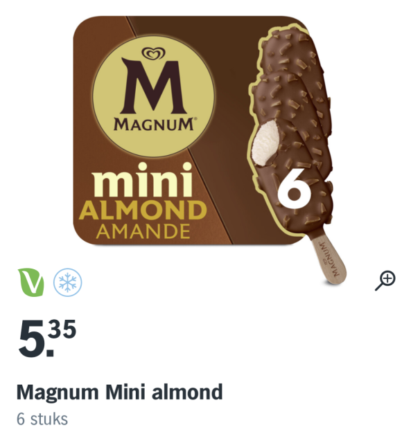 Snímek obrazovky nizozemské aplikace Albert Heijn nabízející balení Magnum Mini almond za € 5,35