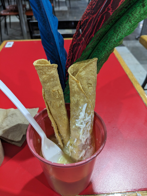 dos (eran tres) tacos dorados rellenos de pollo en posición vertical dentro de un vaso con salsa acompañados de lechuga, queso y crema. Detrás tres plumas de guajolote completamente no relacionadas con la comida.