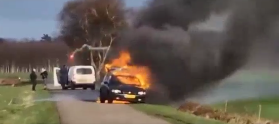 Video frame of burning car.