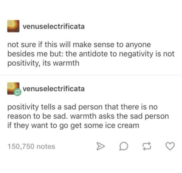 Two tumblr posts, the top one saying: “not sure if this will make sense to anyone besides me but: the antidote to negativity is not positivity, it’s warmth.” A user called “VenusElectrificata” reblogs it and says in response: “positivity tells a sad person that there is no reason to be sad. Warmth asks the sad person if they want to go get some ice cream”